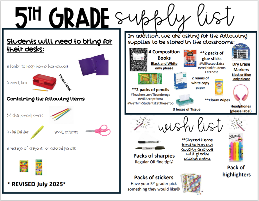 Fifth grade supply lists