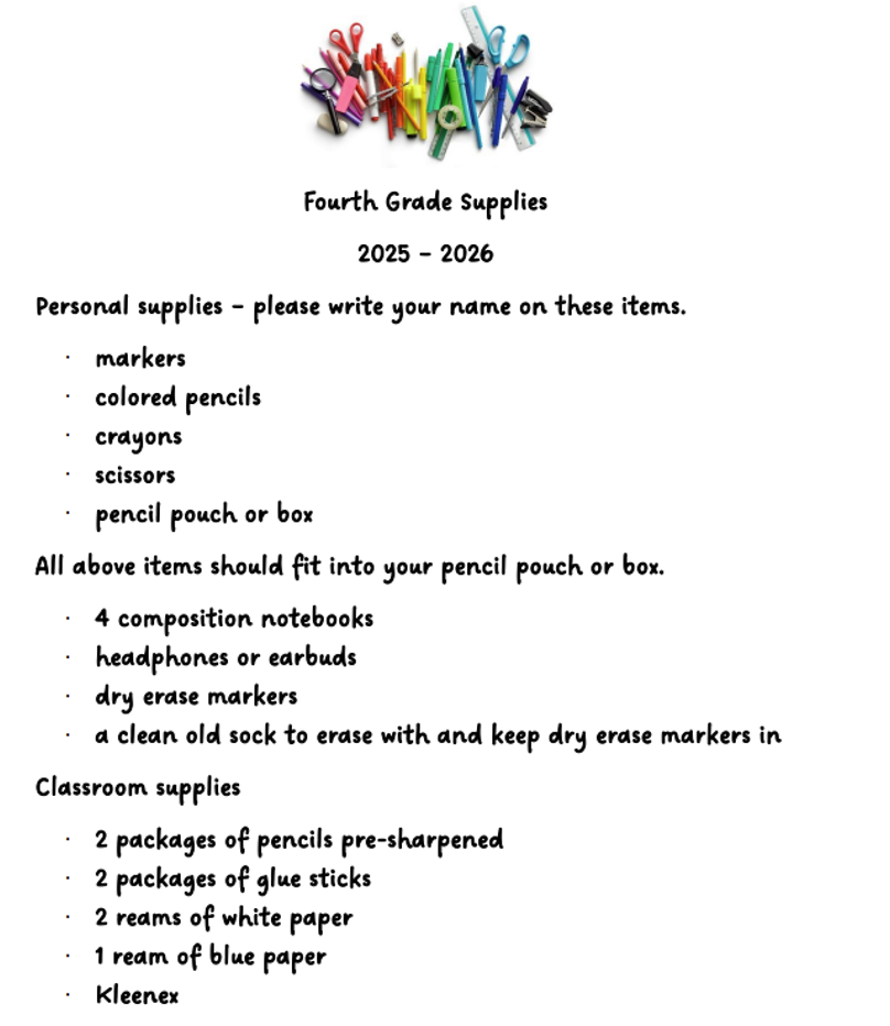 Fourth Grade Supply Lists
