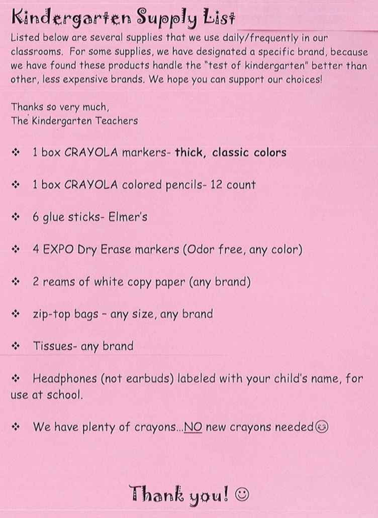 Kinder Supply List