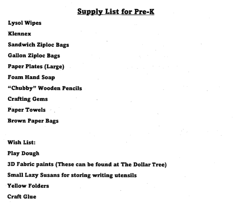 Pre-K Supply List