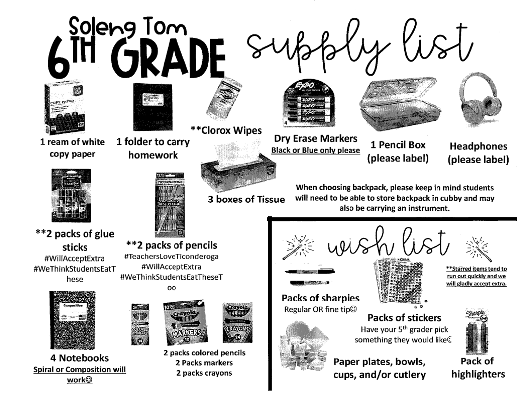 Sixth Grade Supply Lists
