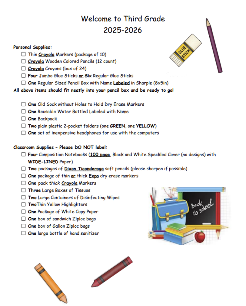 Third Grade Supply List